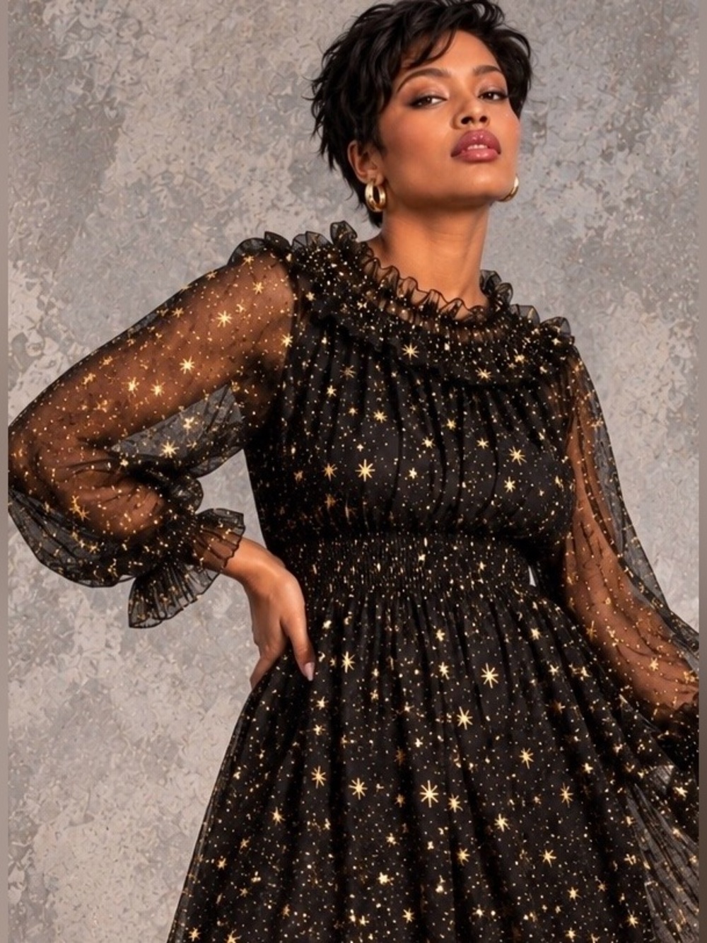 NWT Skies are blue Black Sheer Long Sleeve Dress with Gold Star Print and Ruffle